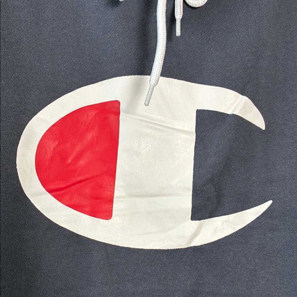 Champion Men's Dark Blue Hoodie with Red and White Logo and Kangaroo Pocket - Picture 3 of 9